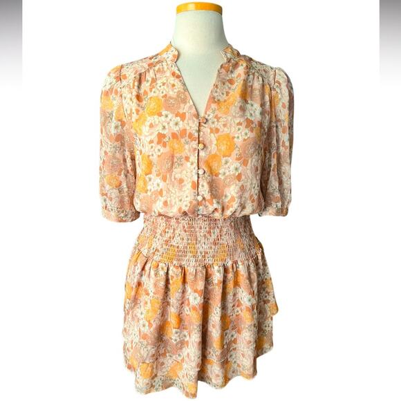 AQUA Floral Print Smocked Dress Beige/Tan/yellow V Neck Tiered Ruffle Size L - Picture 3 of 6